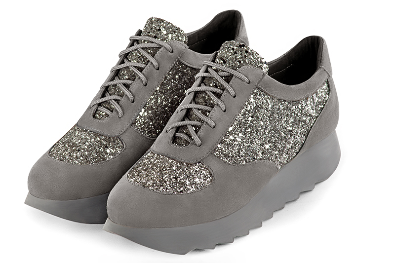Dove grey and dark silver women's one-tone elegant sneakers. Round toe. Low rubber soles. Front view - Florence KOOIJMAN